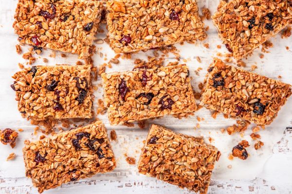 homemade protein granola bars, with nuts, raisins and dried cherries